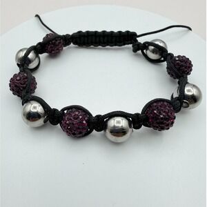 Vintage 90s Black Cord Purple Disco Ball Shamballa‎ Bracelet Women's Jewelry